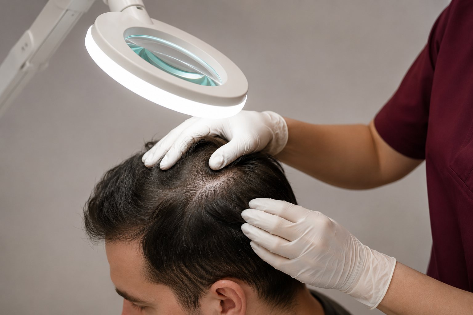Examen du cuir chevelu lors d'une consultation capillaire