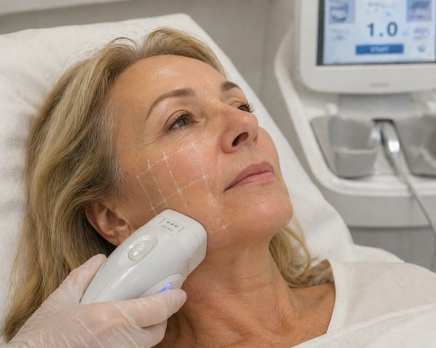 Séance d'ultrasons focalisés (HIFU) sur le visage